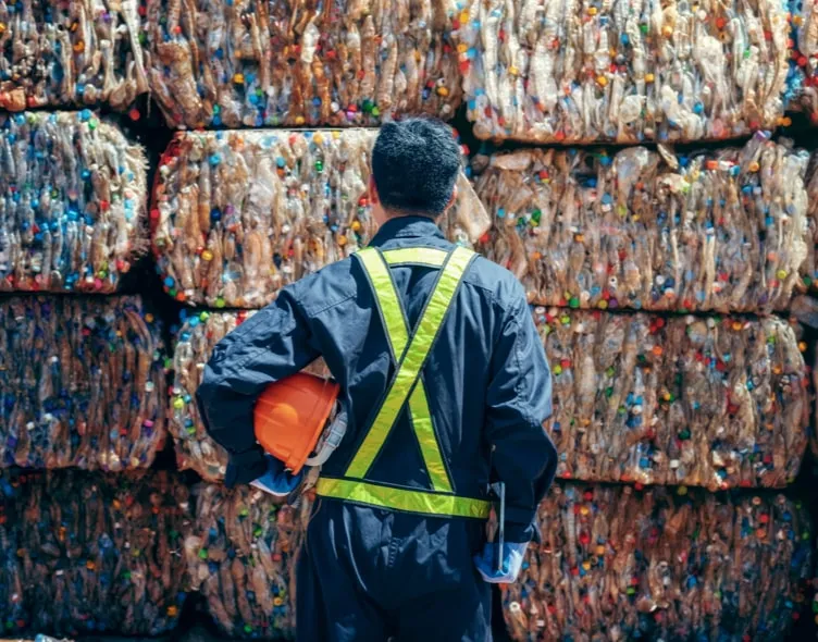 Supervisor observa la acumulación de residuos industriales identificando oportunidades de reciclaje mediante estrategias implementadas por Ecología Empresarial.